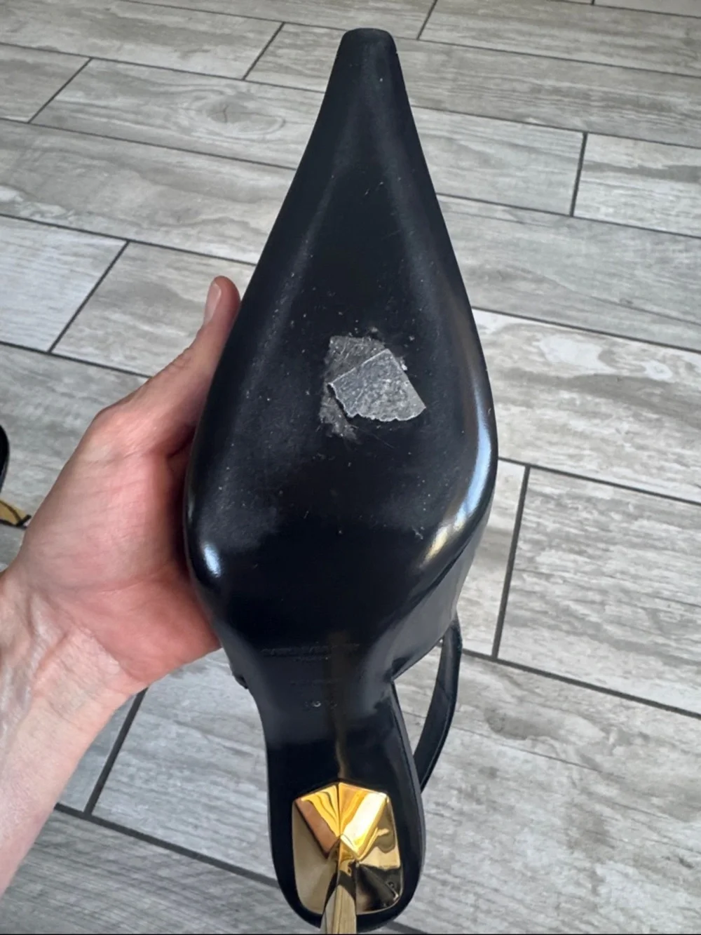 Saint Laurent Lee Black Pointed Slingback Heels with Gold Accent - Picture 5 of 7